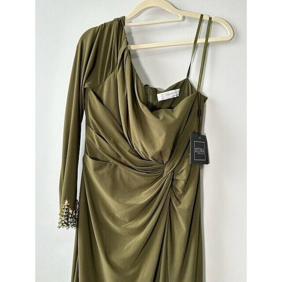 Ieena By Mac Duggal One Sleeve Beaded Cuff Side Twist Gown Dress Olive Green 8 - Picture 3 of 9